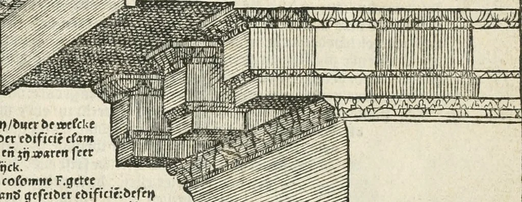 An illustration from Die alder vermaertste antique edificien : vã temple, theatre, amphitheatre, paleisen, therme, obeliske, brugge, archetriuphal, etc. vescreueeñ gefigureert met haren grondede eñ mate oock de plaetsen daerse staen, eñ wiese dede make, 1546, leaf 80