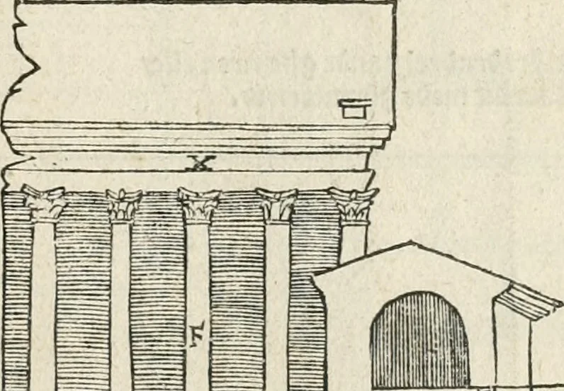 An illustration from Die alder vermaertste antique edificien : vã temple, theatre, amphitheatre, paleisen, therme, obeliske, brugge, archetriuphal, etc. vescreueeñ gefigureert met haren grondede eñ mate oock de plaetsen daerse staen, eñ wiese dede make, 1546, leaf 80