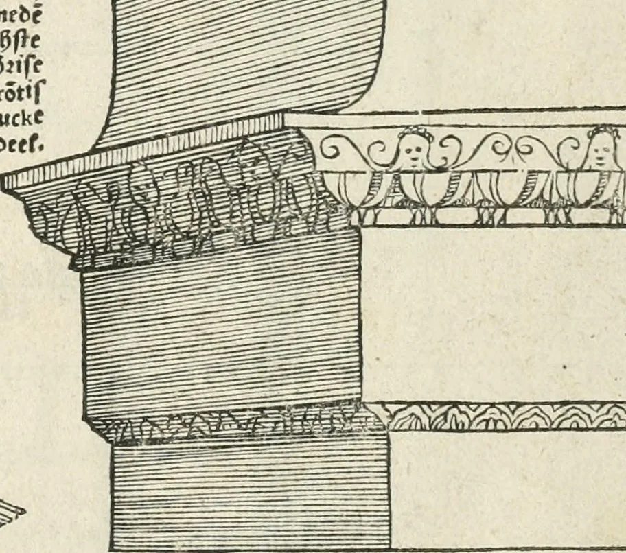 An illustration from Die alder vermaertste antique edificien : vã temple, theatre, amphitheatre, paleisen, therme, obeliske, brugge, archetriuphal, etc. vescreueeñ gefigureert met haren grondede eñ mate oock de plaetsen daerse staen, eñ wiese dede make, 1546, leaf 80