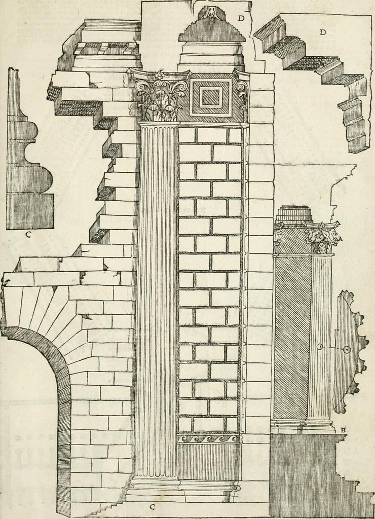 An illustration from Die alder vermaertste antique edificien : vã temple, theatre, amphitheatre, paleisen, therme, obeliske, brugge, archetriuphal, etc. vescreueeñ gefigureert met haren grondede eñ mate oock de plaetsen daerse staen, eñ wiese dede make, 1546, leaf 82