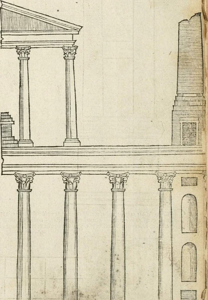An illustration from Die alder vermaertste antique edificien : vã temple, theatre, amphitheatre, paleisen, therme, obeliske, brugge, archetriuphal, etc. vescreueeñ gefigureert met haren grondede eñ mate oock de plaetsen daerse staen, eñ wiese dede make, 1546, leaf 92