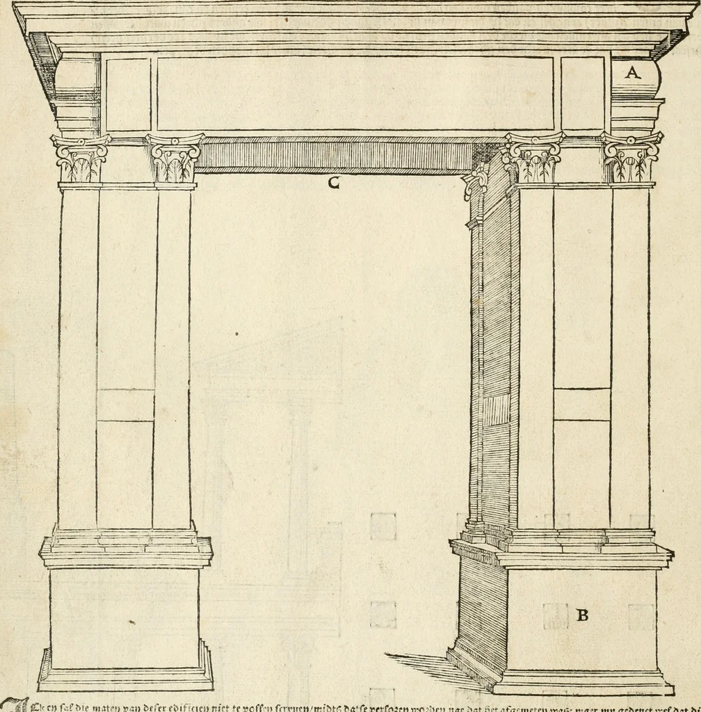 An illustration from Die alder vermaertste antique edificien : vã temple, theatre, amphitheatre, paleisen, therme, obeliske, brugge, archetriuphal, etc. vescreueeñ gefigureert met haren grondede eñ mate oock de plaetsen daerse staen, eñ wiese dede make, 1546, leaf 93