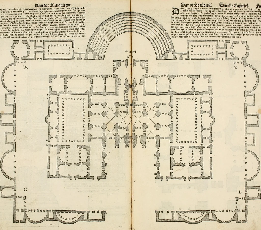 An illustration from Die alder vermaertste antique edificien : vã temple, theatre, amphitheatre, paleisen, therme, obeliske, brugge, archetriuphal, etc. vescreueeñ gefigureert met haren grondede eñ mate oock de plaetsen daerse staen, eñ wiese dede make, 1546, leaf 96