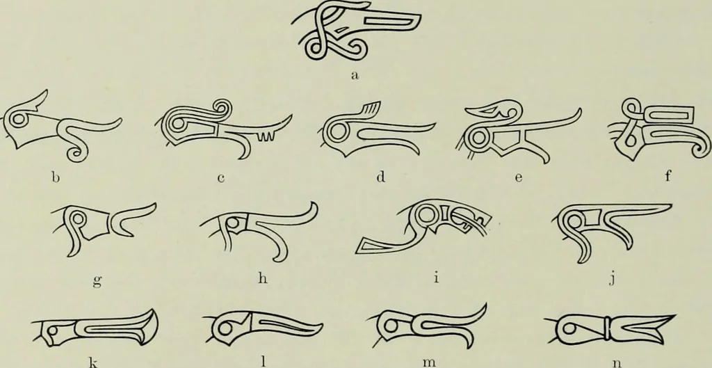 An illustration from Die altgermanische thierornamentik; typologische studie über germanische metallgegenstände aus dem IV. bis IX. jahrhundert, nebst einer studie über irische ornamentik, 1904, leaf 263