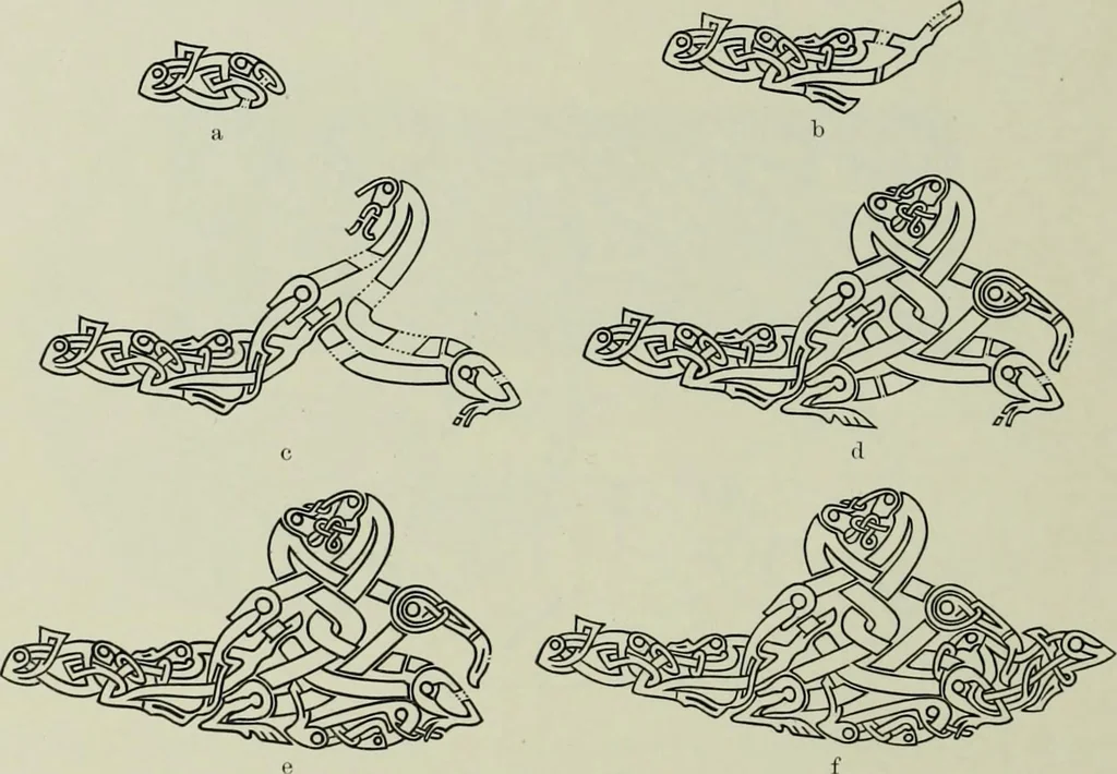 An illustration from Die altgermanische thierornamentik; typologische studie über germanische metallgegenstände aus dem IV. bis IX. jahrhundert, nebst einer studie über irische ornamentik, 1904, leaf 273