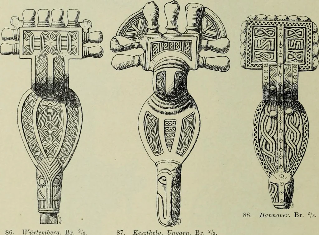 An illustration from Die altgermanische thierornamentik; typologische studie über germanische metallgegenstände aus dem IV. bis IX. jahrhundert, nebst einer studie über irische ornamentik, 1904, leaf 55