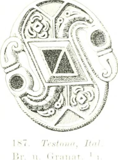 An illustration from Die altgermanische Thierornamentik : typologische Studie über germanische Metallgegenstände aus dem IV. bis IX. Jahrhundert, nebst einer Studie über irische Ornamentik, 1904, leaf 104