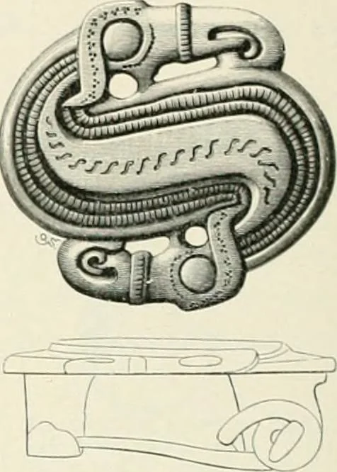 An illustration from Die altgermanische Thierornamentik : typologische Studie über germanische Metallgegenstände aus dem IV. bis IX. Jahrhundert, nebst einer Studie über irische Ornamentik, 1904, leaf 105