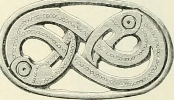 An illustration from Die altgermanische Thierornamentik : typologische Studie über germanische Metallgegenstände aus dem IV. bis IX. Jahrhundert, nebst einer Studie über irische Ornamentik, 1904, leaf 105