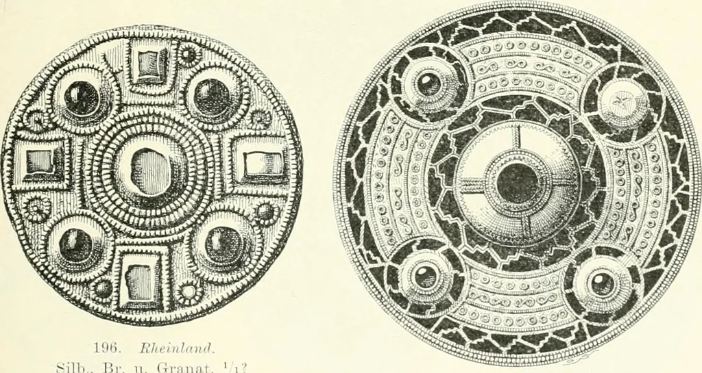 An illustration from Die altgermanische Thierornamentik : typologische Studie über germanische Metallgegenstände aus dem IV. bis IX. Jahrhundert, nebst einer Studie über irische Ornamentik, 1904, leaf 106