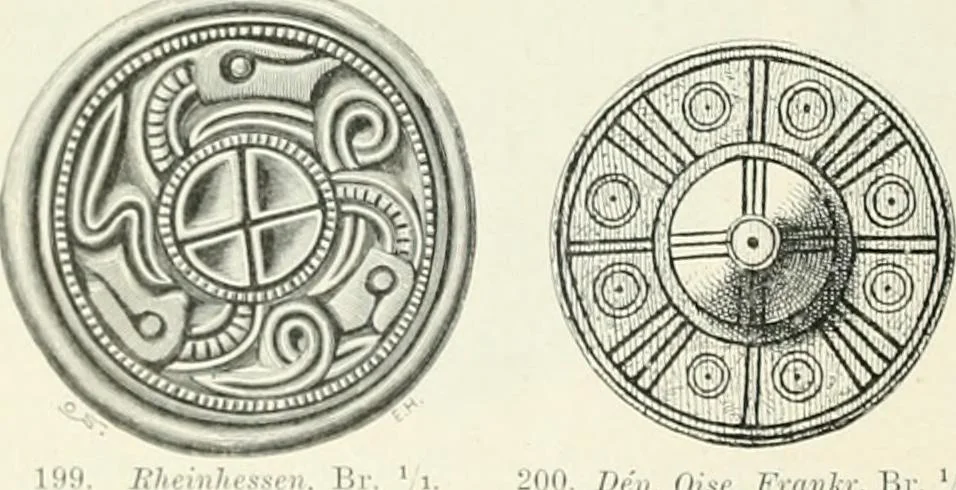 An illustration from Die altgermanische Thierornamentik : typologische Studie über germanische Metallgegenstände aus dem IV. bis IX. Jahrhundert, nebst einer Studie über irische Ornamentik, 1904, leaf 107