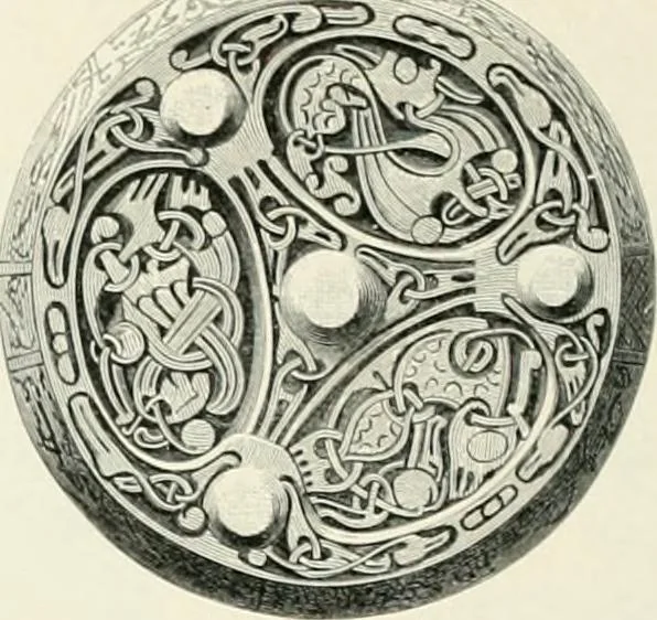 An illustration from Die altgermanische Thierornamentik : typologische Studie über germanische Metallgegenstände aus dem IV. bis IX. Jahrhundert, nebst einer Studie über irische Ornamentik, 1904, leaf 111