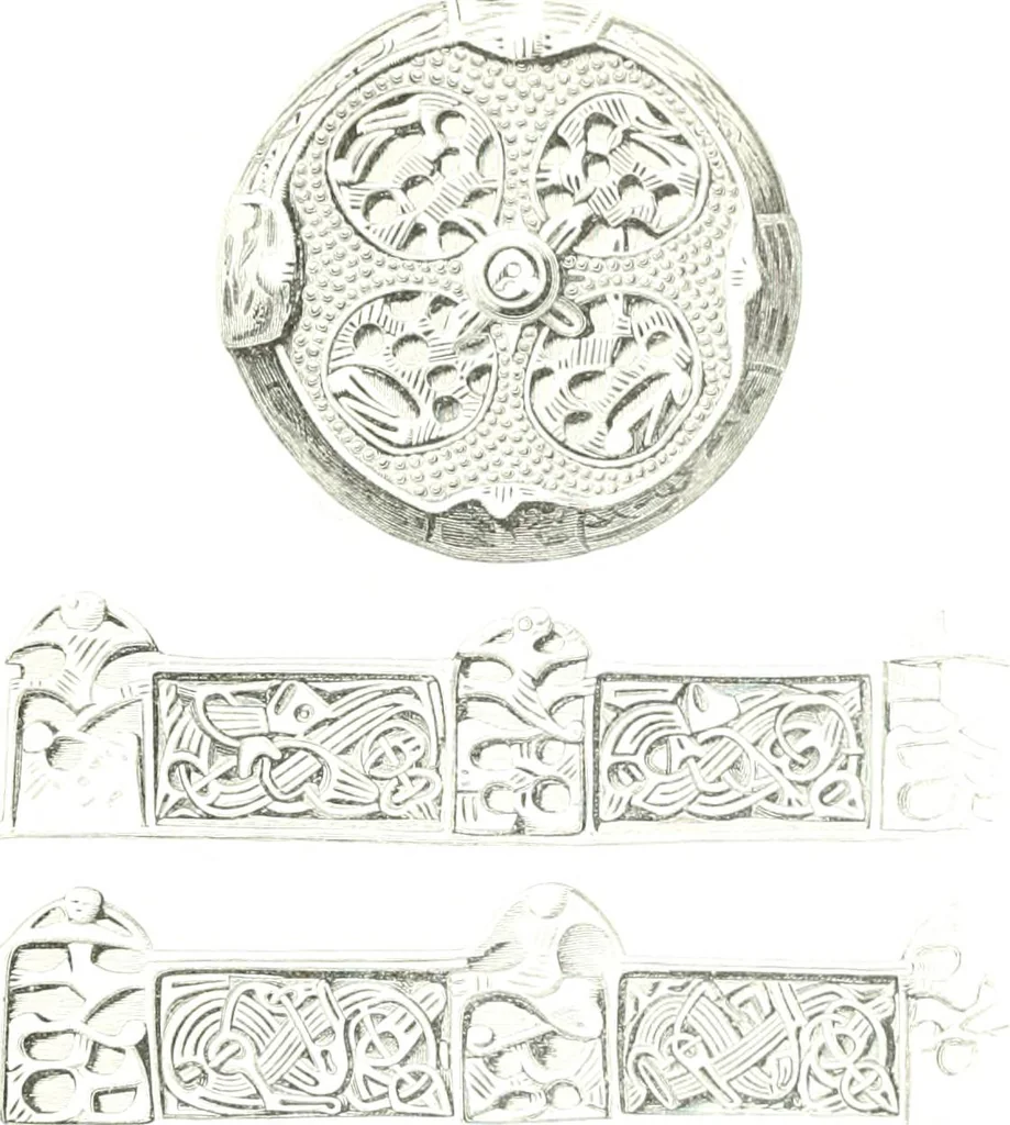 An illustration from Die altgermanische Thierornamentik : typologische Studie über germanische Metallgegenstände aus dem IV. bis IX. Jahrhundert, nebst einer Studie über irische Ornamentik, 1904, leaf 112