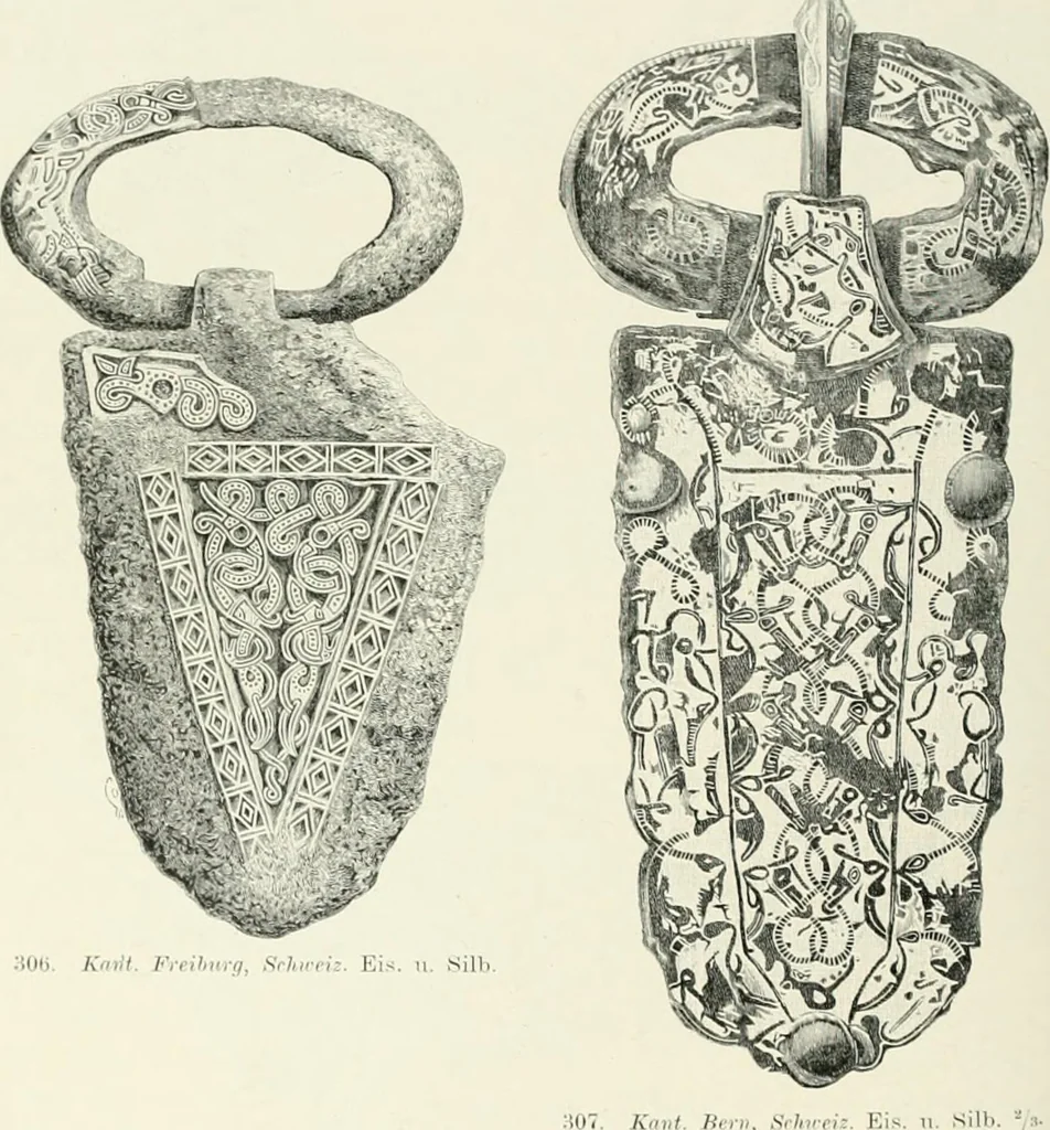 An illustration from Die altgermanische Thierornamentik : typologische Studie über germanische Metallgegenstände aus dem IV. bis IX. Jahrhundert, nebst einer Studie über irische Ornamentik, 1904, leaf 137
