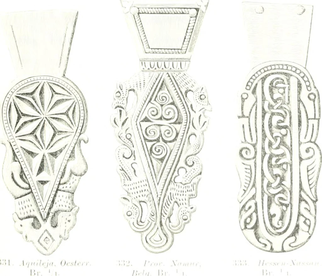 An illustration from Die altgermanische Thierornamentik : typologische Studie über germanische Metallgegenstände aus dem IV. bis IX. Jahrhundert, nebst einer Studie über irische Ornamentik, 1904, leaf 142