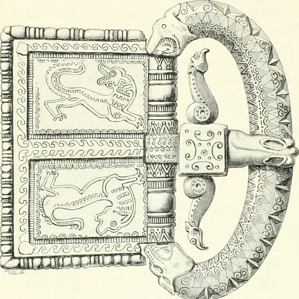 An illustration from Die altgermanische Thierornamentik : typologische Studie über germanische Metallgegenstände aus dem IV. bis IX. Jahrhundert, nebst einer Studie über irische Ornamentik, 1904, leaf 146