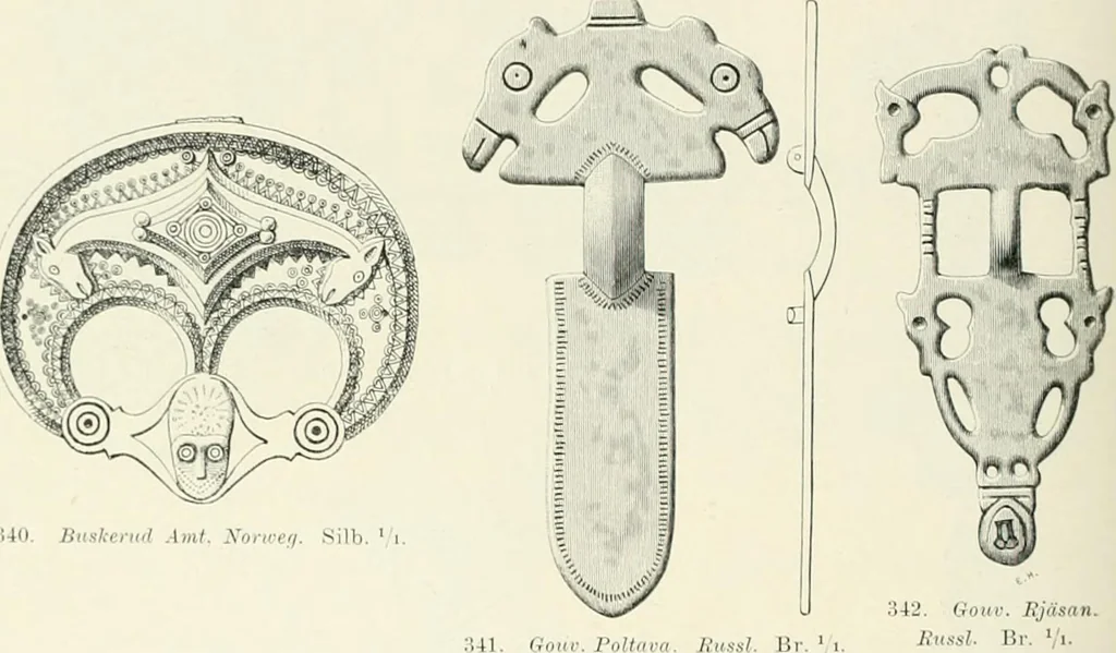 An illustration from Die altgermanische Thierornamentik : typologische Studie über germanische Metallgegenstände aus dem IV. bis IX. Jahrhundert, nebst einer Studie über irische Ornamentik, 1904, leaf 147