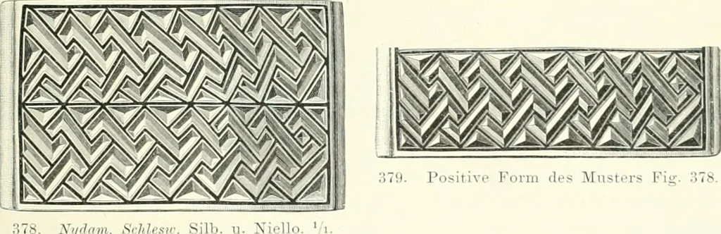 An illustration from Die altgermanische Thierornamentik : typologische Studie über germanische Metallgegenstände aus dem IV. bis IX. Jahrhundert, nebst einer Studie über irische Ornamentik, 1904, leaf 182