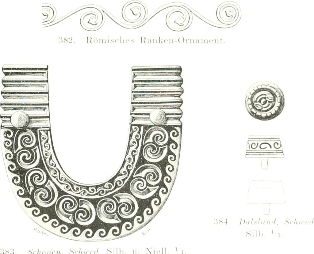 An illustration from Die altgermanische Thierornamentik : typologische Studie über germanische Metallgegenstände aus dem IV. bis IX. Jahrhundert, nebst einer Studie über irische Ornamentik, 1904, leaf 184