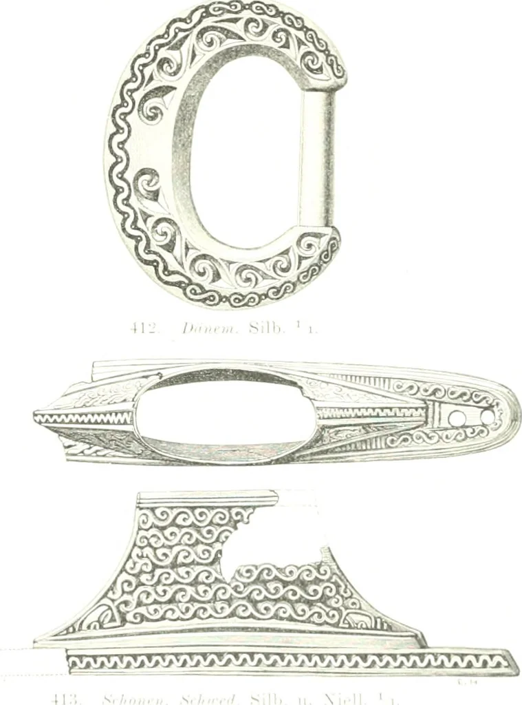 An illustration from Die altgermanische Thierornamentik : typologische Studie über germanische Metallgegenstände aus dem IV. bis IX. Jahrhundert, nebst einer Studie über irische Ornamentik, 1904, leaf 194