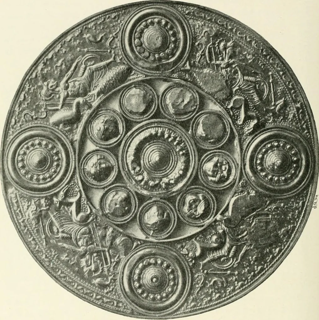 An illustration from Die altgermanische Thierornamentik : typologische Studie über germanische Metallgegenstände aus dem IV. bis IX. Jahrhundert, nebst einer Studie über irische Ornamentik, 1904, leaf 199