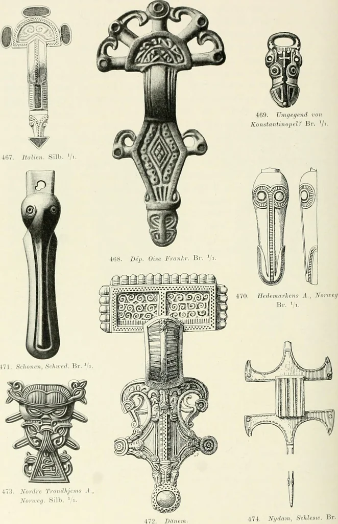 An illustration from Die altgermanische Thierornamentik : typologische Studie über germanische Metallgegenstände aus dem IV. bis IX. Jahrhundert, nebst einer Studie über irische Ornamentik, 1904, leaf 215