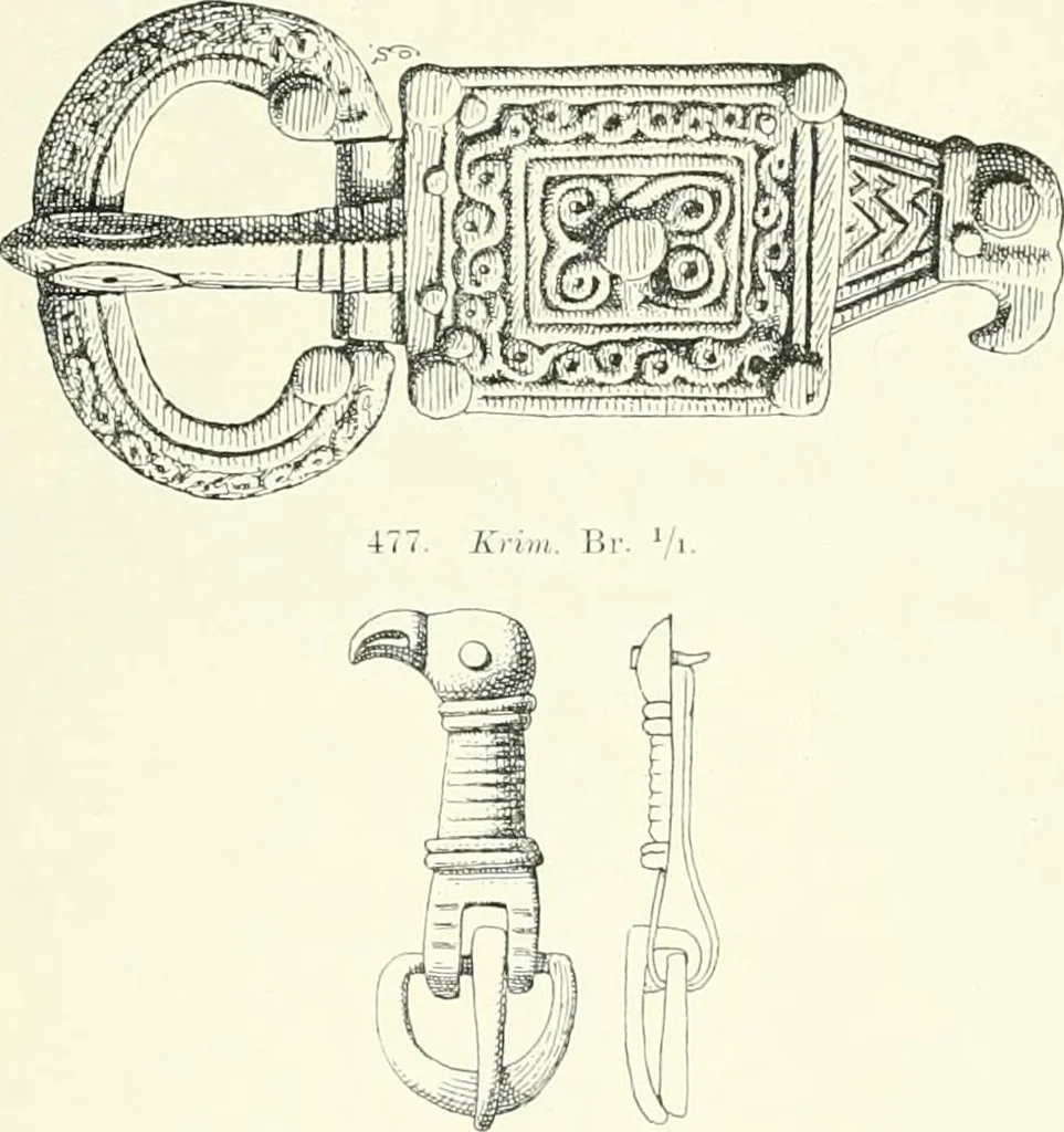 An illustration from Die altgermanische Thierornamentik : typologische Studie über germanische Metallgegenstände aus dem IV. bis IX. Jahrhundert, nebst einer Studie über irische Ornamentik, 1904, leaf 218
