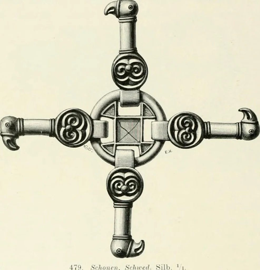 An illustration from Die altgermanische Thierornamentik : typologische Studie über germanische Metallgegenstände aus dem IV. bis IX. Jahrhundert, nebst einer Studie über irische Ornamentik, 1904, leaf 219
