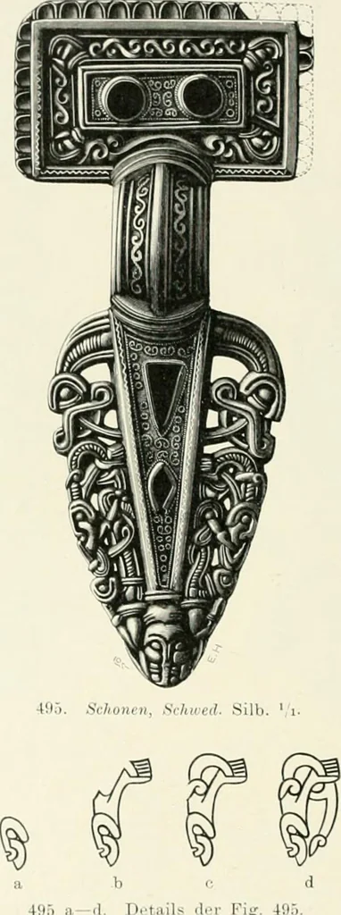 An illustration from Die altgermanische Thierornamentik : typologische Studie über germanische Metallgegenstände aus dem IV. bis IX. Jahrhundert, nebst einer Studie über irische Ornamentik, 1904, leaf 231