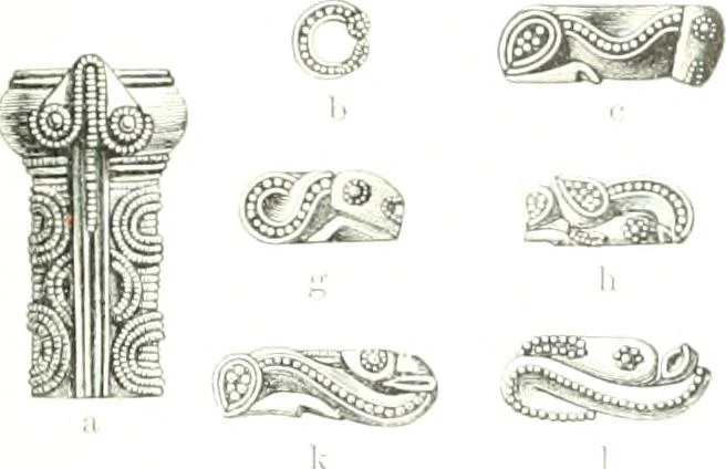 An illustration from Die altgermanische Thierornamentik : typologische Studie über germanische Metallgegenstände aus dem IV. bis IX. Jahrhundert, nebst einer Studie über irische Ornamentik, 1904, leaf 234