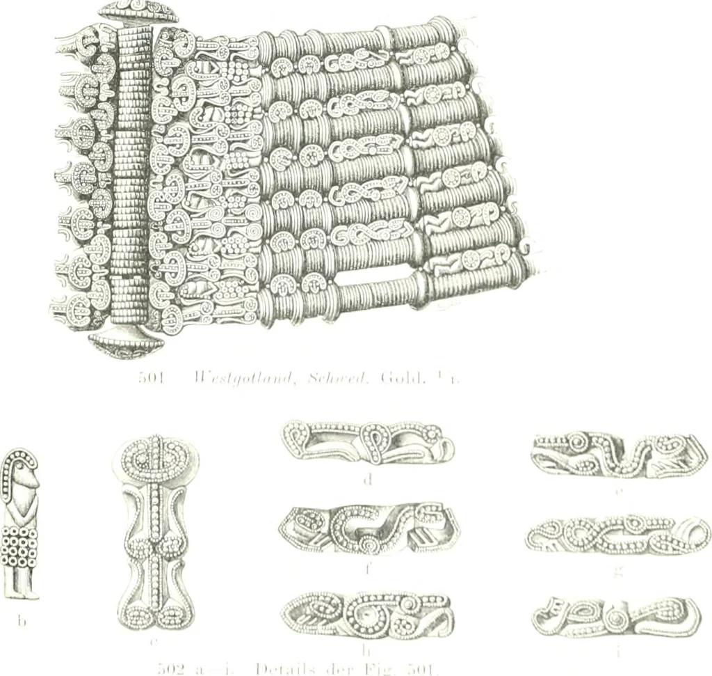 An illustration from Die altgermanische Thierornamentik : typologische Studie über germanische Metallgegenstände aus dem IV. bis IX. Jahrhundert, nebst einer Studie über irische Ornamentik, 1904, leaf 234