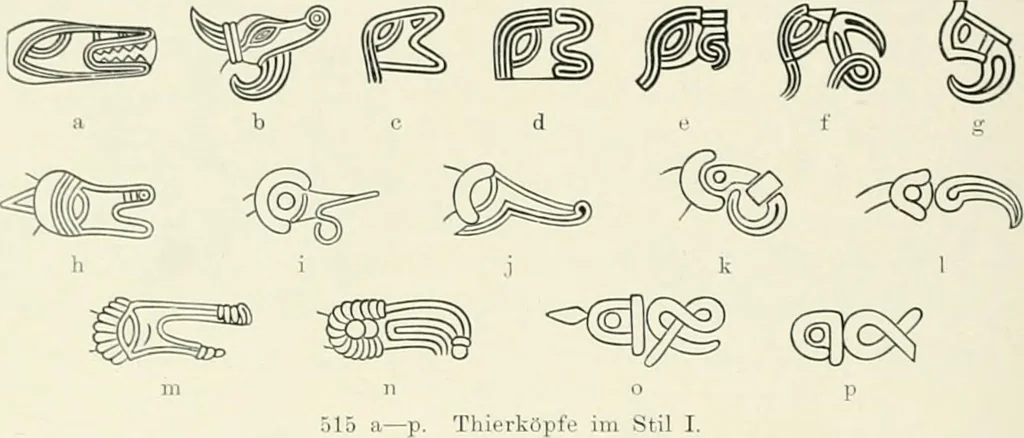An illustration from Die altgermanische Thierornamentik : typologische Studie über germanische Metallgegenstände aus dem IV. bis IX. Jahrhundert, nebst einer Studie über irische Ornamentik, 1904, leaf 243