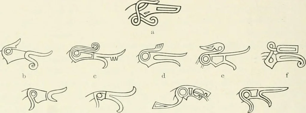 An illustration from Die altgermanische Thierornamentik : typologische Studie über germanische Metallgegenstände aus dem IV. bis IX. Jahrhundert, nebst einer Studie über irische Ornamentik, 1904, leaf 267