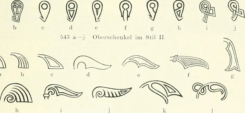 An illustration from Die altgermanische Thierornamentik : typologische Studie über germanische Metallgegenstände aus dem IV. bis IX. Jahrhundert, nebst einer Studie über irische Ornamentik, 1904, leaf 268