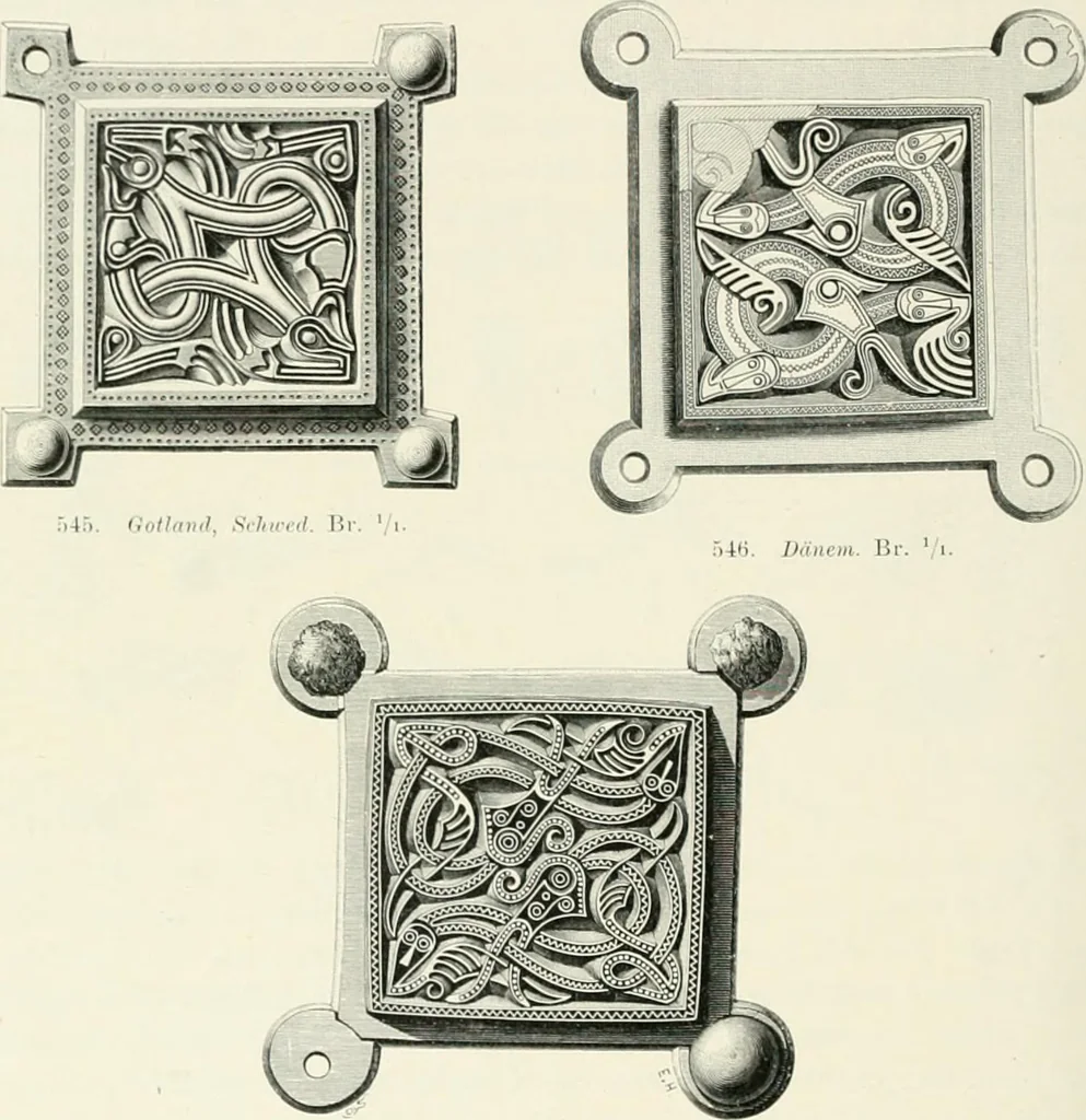 An illustration from Die altgermanische Thierornamentik : typologische Studie über germanische Metallgegenstände aus dem IV. bis IX. Jahrhundert, nebst einer Studie über irische Ornamentik, 1904, leaf 269