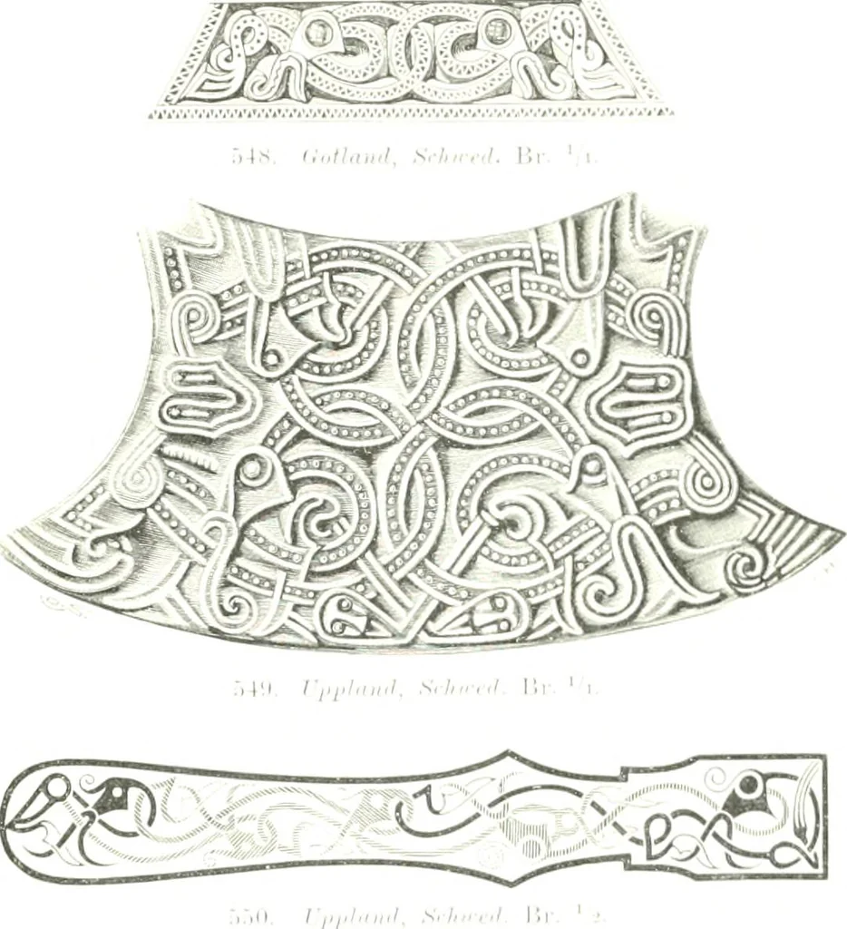 An illustration from Die altgermanische Thierornamentik : typologische Studie über germanische Metallgegenstände aus dem IV. bis IX. Jahrhundert, nebst einer Studie über irische Ornamentik, 1904, leaf 270