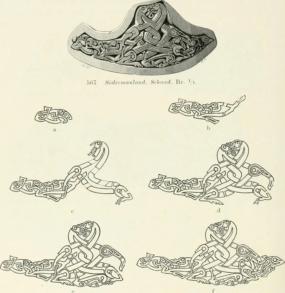 An illustration from Die altgermanische Thierornamentik : typologische Studie über germanische Metallgegenstände aus dem IV. bis IX. Jahrhundert, nebst einer Studie über irische Ornamentik, 1904, leaf 277