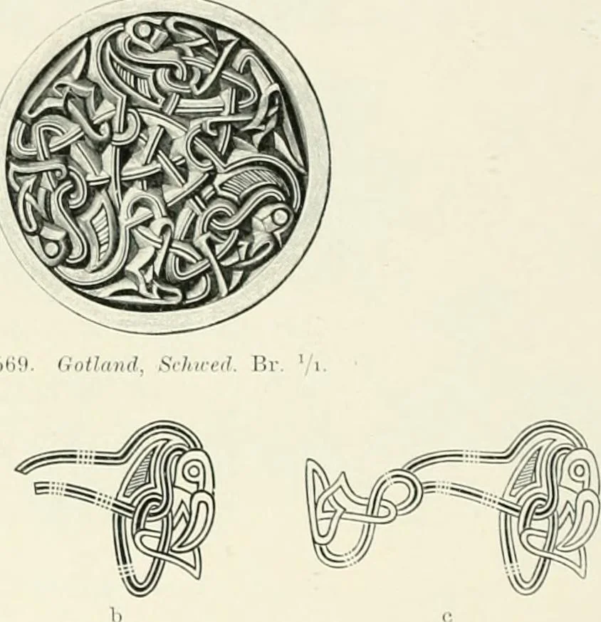 An illustration from Die altgermanische Thierornamentik : typologische Studie über germanische Metallgegenstände aus dem IV. bis IX. Jahrhundert, nebst einer Studie über irische Ornamentik, 1904, leaf 279