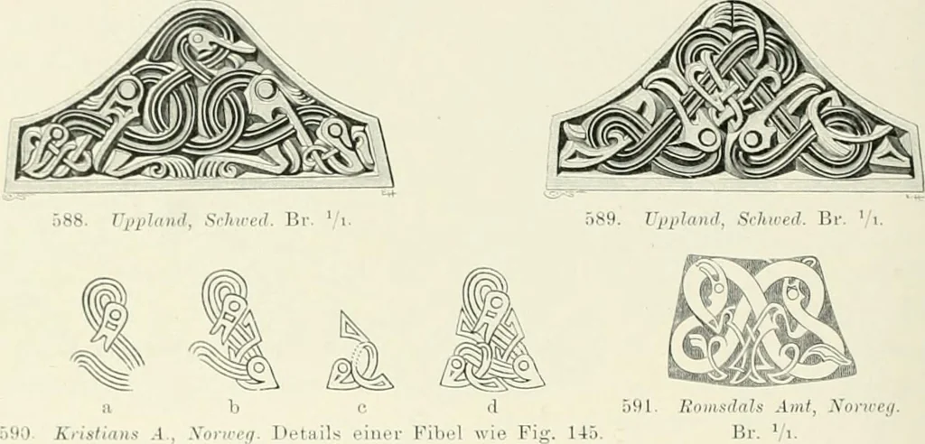 An illustration from Die altgermanische Thierornamentik : typologische Studie über germanische Metallgegenstände aus dem IV. bis IX. Jahrhundert, nebst einer Studie über irische Ornamentik, 1904, leaf 289