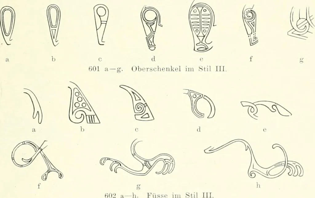 An illustration from Die altgermanische Thierornamentik : typologische Studie über germanische Metallgegenstände aus dem IV. bis IX. Jahrhundert, nebst einer Studie über irische Ornamentik, 1904, leaf 294