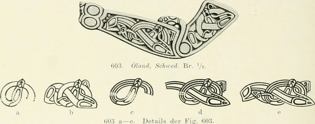 An illustration from Die altgermanische Thierornamentik : typologische Studie über germanische Metallgegenstände aus dem IV. bis IX. Jahrhundert, nebst einer Studie über irische Ornamentik, 1904, leaf 295