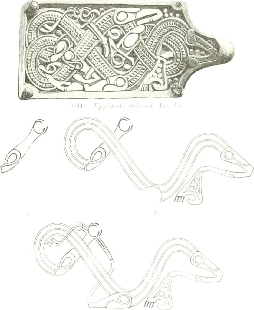 An illustration from Die altgermanische Thierornamentik : typologische Studie über germanische Metallgegenstände aus dem IV. bis IX. Jahrhundert, nebst einer Studie über irische Ornamentik, 1904, leaf 296