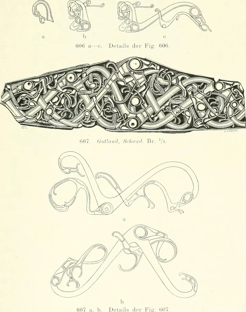 An illustration from Die altgermanische Thierornamentik : typologische Studie über germanische Metallgegenstände aus dem IV. bis IX. Jahrhundert, nebst einer Studie über irische Ornamentik, 1904, leaf 298