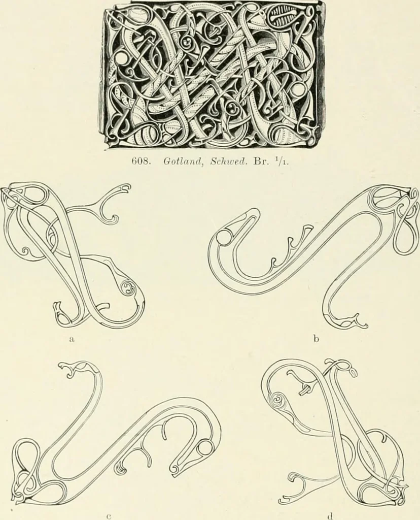 An illustration from Die altgermanische Thierornamentik : typologische Studie über germanische Metallgegenstände aus dem IV. bis IX. Jahrhundert, nebst einer Studie über irische Ornamentik, 1904, leaf 299