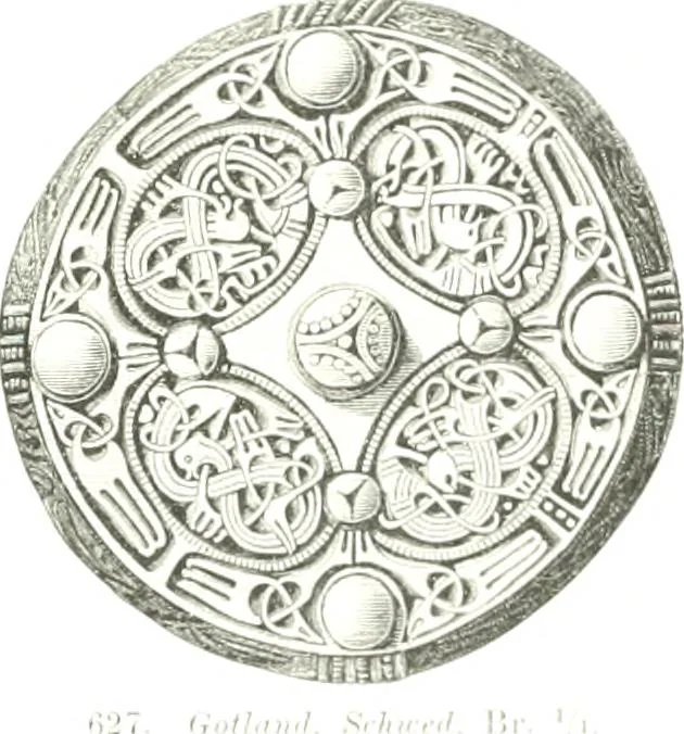 An illustration from Die altgermanische Thierornamentik : typologische Studie über germanische Metallgegenstände aus dem IV. bis IX. Jahrhundert, nebst einer Studie über irische Ornamentik, 1904, leaf 308