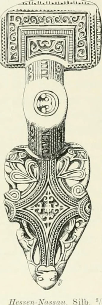 An illustration from Die altgermanische Thierornamentik : typologische Studie über germanische Metallgegenstände aus dem IV. bis IX. Jahrhundert, nebst einer Studie über irische Ornamentik, 1904, leaf 315