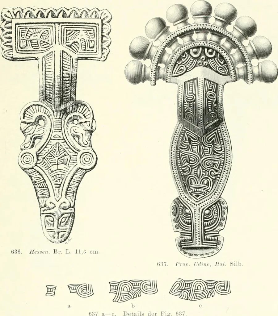 An illustration from Die altgermanische Thierornamentik : typologische Studie über germanische Metallgegenstände aus dem IV. bis IX. Jahrhundert, nebst einer Studie über irische Ornamentik, 1904, leaf 316