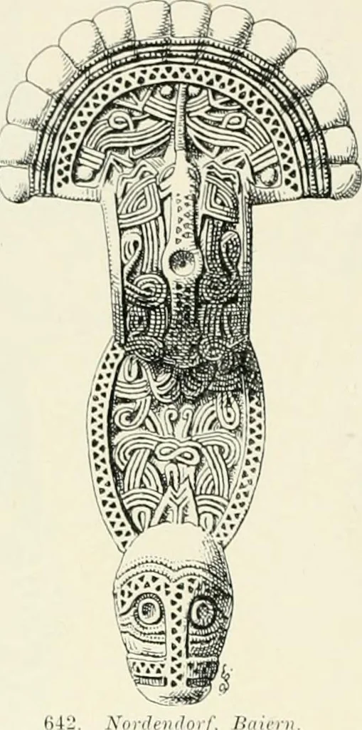 An illustration from Die altgermanische Thierornamentik : typologische Studie über germanische Metallgegenstände aus dem IV. bis IX. Jahrhundert, nebst einer Studie über irische Ornamentik, 1904, leaf 319