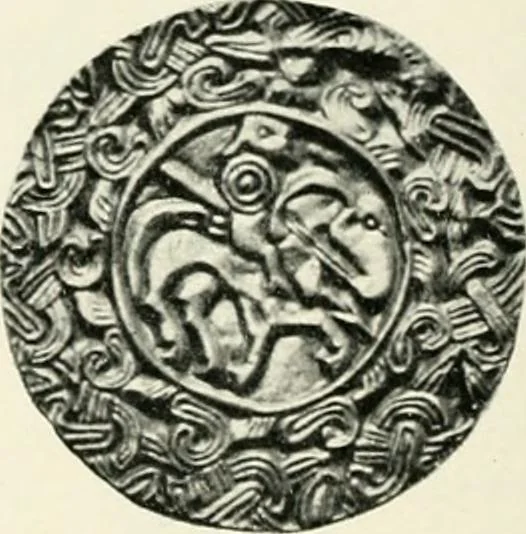 An illustration from Die altgermanische Thierornamentik : typologische Studie über germanische Metallgegenstände aus dem IV. bis IX. Jahrhundert, nebst einer Studie über irische Ornamentik, 1904, leaf 323