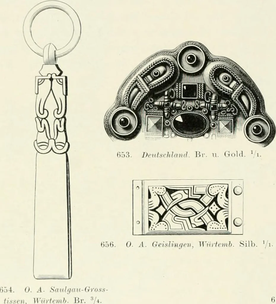 An illustration from Die altgermanische Thierornamentik : typologische Studie über germanische Metallgegenstände aus dem IV. bis IX. Jahrhundert, nebst einer Studie über irische Ornamentik, 1904, leaf 325